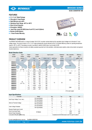 MKW2600_13 datasheet - DC/DC CONVERTER 15W 2x 1x 0.4 Metal Package Ultra-wide 4:1 Input Range