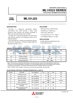 ML101J23 datasheet - MITSUBISHI LASER DIODES FOR OPTICAL INFORMATION SYSTEMS