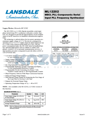 ML12202 datasheet - MECL PLL Components Serial Input PLL Frequency Synthesizer