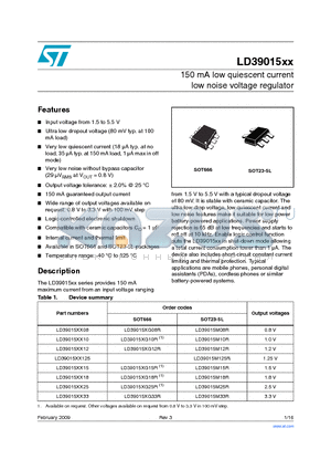 LD39015XX33 datasheet - 150 mA low quiescent current low noise voltage regulator