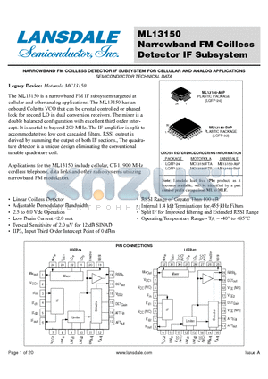ML13150-A9P datasheet - Narrowband FM Coilless Detector IF Subsystem