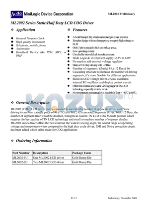 ML2002-1U datasheet - Static/Half Duty LCD COG Driver with Real Time Clock