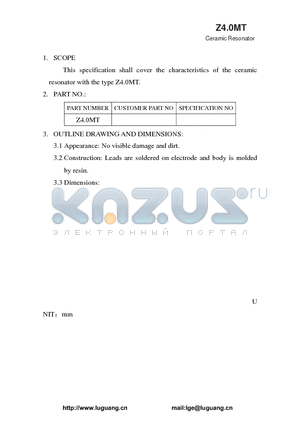 Z4.0MT datasheet - Ceramic Resonator