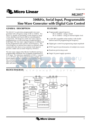 ML2037IS datasheet - 500kHz, Serial Input, Programmable Sine Wave Generator with Digital Gain Control