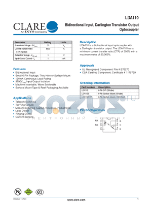 LDA110S datasheet - Bidirectional Input, Darlington Transistor Output Optocoupler