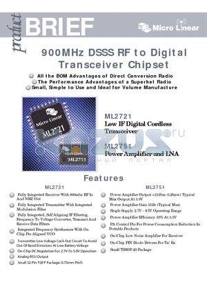 ML2751 datasheet - 900MHz DSSS RF to Digital Transceiver Chipset