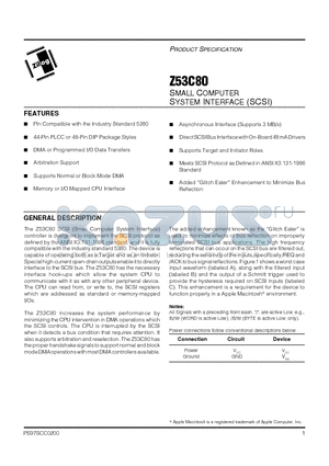 Z53C80SCSI datasheet - SMALL COMPUTER SYSTEM INTERFACE (SCSI)