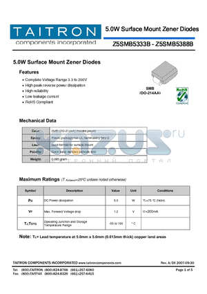 Z5SMB5335B datasheet - 5.0W Surface Mount Zener Diodes