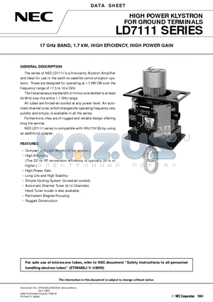 LD7111 datasheet - 17 GHz BAND, 1.7 kW, HIGH EFICIENCY, HIGH POWER GAIN