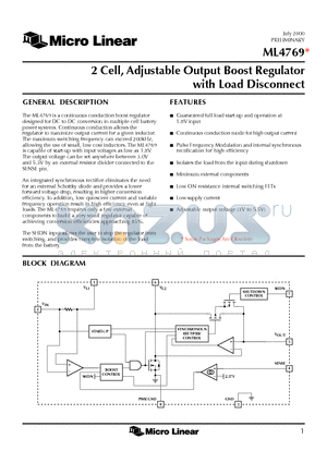 ML4769CS datasheet - 2 Cell, Adjustable Output Boost Regulator with Load Disconnect