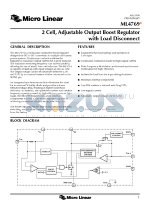 ML4769ES datasheet - 2 Cell, Adjustable Output Boost Regulator with Load Disconnect