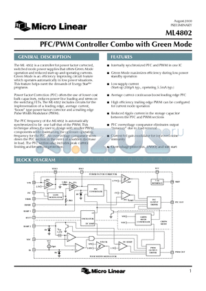 ML4802CP datasheet - PFC/PWM Controller Combo with Green Mode