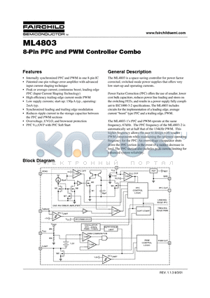 ML4803CS-1 datasheet - 8-Pin PFC and PWM Controller Combo