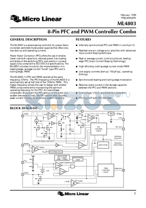 ML4803CS-2 datasheet - 8-Pin PFC and PWM Controller Combo