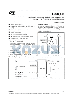 LDOC515 datasheet - IP Library: Very Low power, Very High PSRR 100mA Low Dropout Voltage Regulator