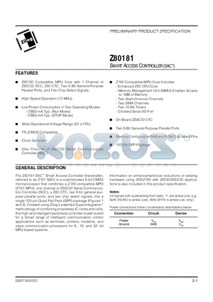 Z8018110FEC datasheet - SMART ACCESS CONTROLLER (SAC)