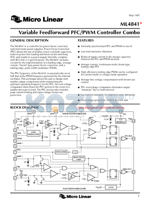 ML4841 datasheet - Variable Feedforward PFC/PWM Controller Combo