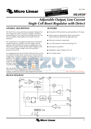 ML4950 datasheet - Adjustable Output, Low Current Single Cell Boost Regulator with Detect