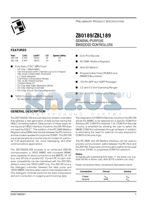 Z8018933ASC datasheet - GENERAL-PURPOSE EMBEDDED CONTROLLERS