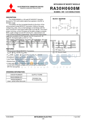 RA30H0608M-E01 datasheet - 68-88MHz 30W 12.5V MOBILE RADIO