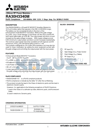 RA30H3340M datasheet - RoHS Compliance , 330-400MHz 30W 12.5V, 3 Stage Amp. For MOBILE RADIO