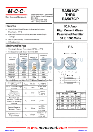 RA505GP datasheet - 50.0 Amp High Current Glass Passivated Rectifier 50 to 1000 Volts