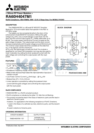 RA60H4047M1 datasheet - 400-470MHz 60W 12.5V, 2 Stage Amp. For MOBILE RADIO