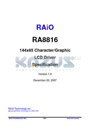 RA8816 datasheet - 144x65 Character/Graphic LCD Driver Specification