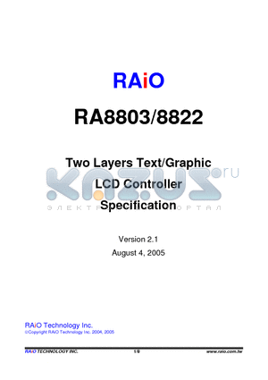 RA8822 datasheet - Two Layers Text/Graphic LCD Controller Specification