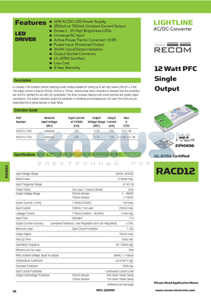 RACD12-350 datasheet - 12 Watt PFC Single Output