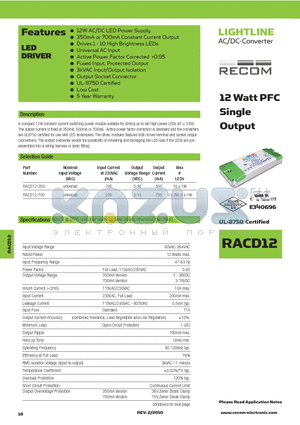 RACD12-700 datasheet - 12 Watt PFC Single Output