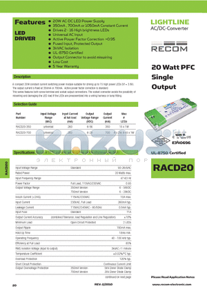 RACD20-700 datasheet - 20 Watt PFC Single Output