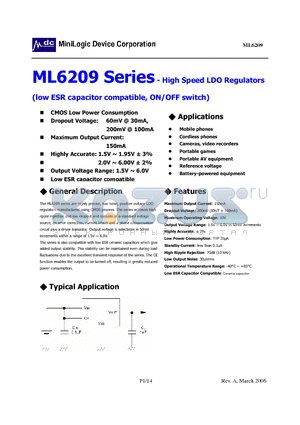 ML6209 datasheet - High Speed LDO Regulators