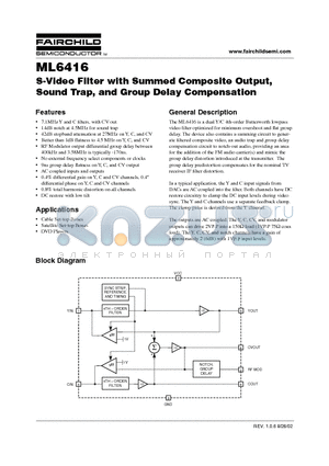 ML6416CS datasheet - S-Video Filter with Summed Composite Output, Sound Trap, and Group Delay Compensation