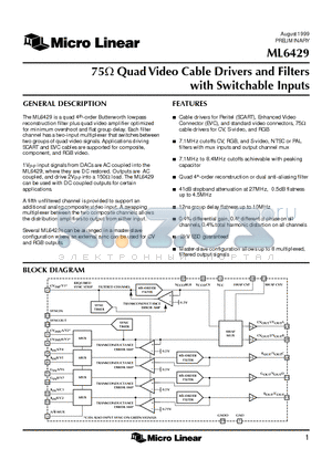 ML6429 datasheet - 75Y Quad Video Cable Drivers and Filters with Switchable Inputs