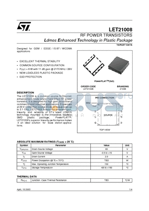 LET21008 datasheet - RF POWER TRANSISTORS Ldmos Enhanced Technology in Plastic Package