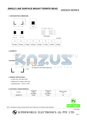 Z853025-10 datasheet - SINGLE LINE SURFACE MOUNT FERRITE BEAD