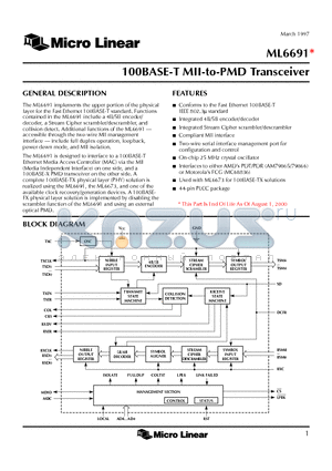 ML6691 datasheet - 100BASE-T MII-to-PMD Transceiver