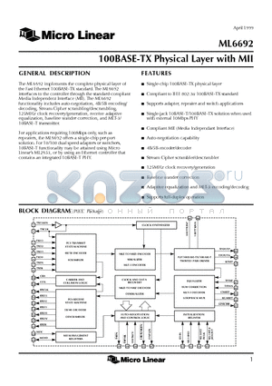 ML6692 datasheet - 100BASE-TX Physical Layer with MII