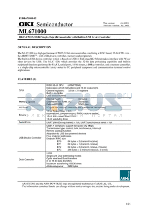 ML671000 datasheet - OKIs CMOS 32-Bit Single-Chip Microcontroller with Built-in USB Device Controller