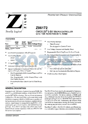 Z86172 datasheet - CMOS Z8-R 8-BIT MICROCONTRLLER WITH 16K ROM / 48-BYTE RAM