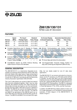 Z86129 datasheet - NTSC LINE 21 DECODER