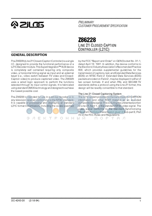 Z86228 datasheet - LINE 21 CLOSED CAPTION CONTROLLER (L21C)