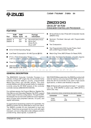 Z86243 datasheet - CMOS Z8 8K ROM CONSUMER CONTROLLER PROCESSOR