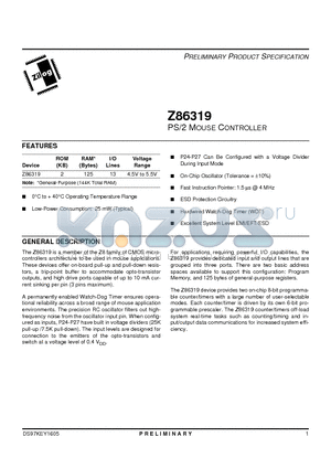 Z8631904SSC datasheet - PS/2 MOUSE CONTROLLER