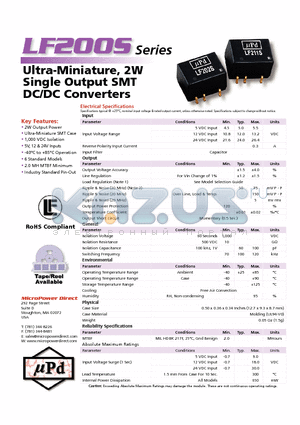 LF200S datasheet - Ultra-Miniature, 2W Single Output SMT DC/DC Converters