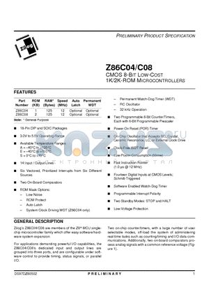 Z86C08 datasheet - CMOS 8-BIT LOW-COST 1K/2K-ROM MICROCONTROLLERS