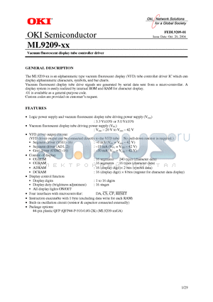 ML9209 datasheet - Vacuum fluorescent display tube controller driver