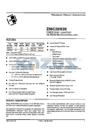 Z86C28 datasheet - CMOS 8-Bit Low-Cost 4K-ROM Microcontrollers