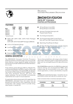 Z86C40 datasheet - CMOS Z8 CONSUMER CONTROLLER PROCESSOR